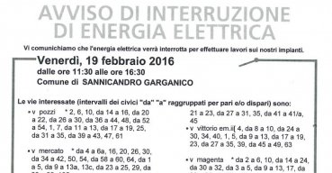 Interruzione del servizio di energia elettrica - 19 febbraio 2016